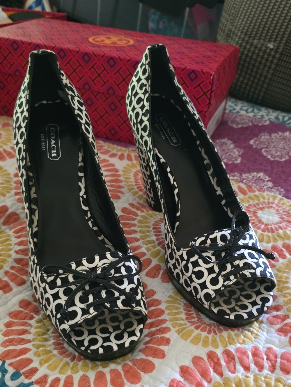 Coach Black & White Signature Peep-Toe Heels with Bow